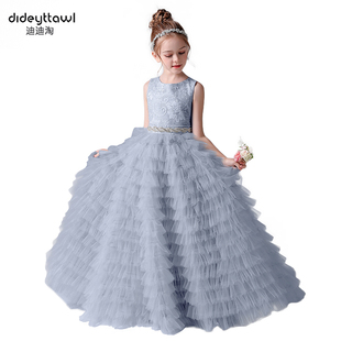 迪迪淘儿童晚礼服公主裙高端女童钢琴演奏礼服蓬蓬纱蛋糕裙灰蓝色