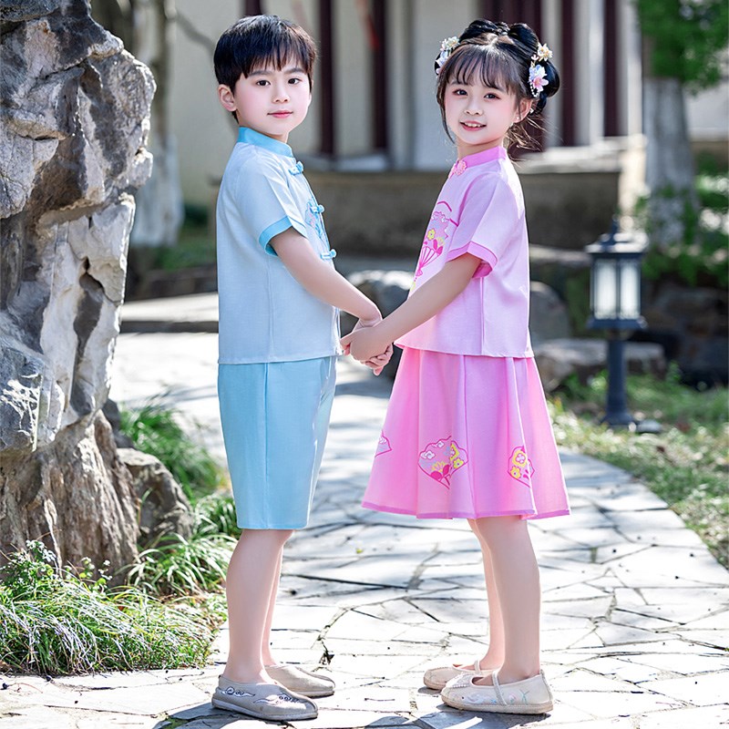 儿童国学汉服男童中国风朗诵演出服幼儿园毕业礼服女童唐装兄妹装