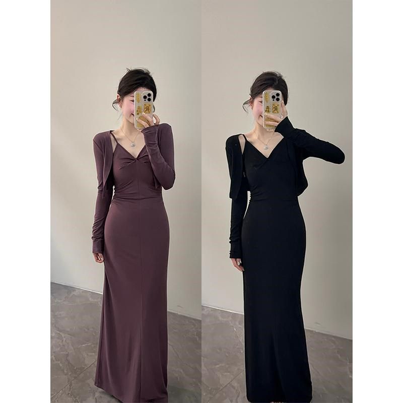 颂宋 新款法式温柔风无袖吊带长裙袖开衫外套气质两件套DT1109,女装/女士精品,时尚套装,淘宝优惠券,粉丝福利购,淘宝优惠卷