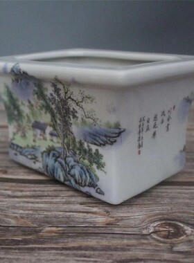 民国粉彩山水四方多肉菖蒲花盆景德镇仿古陶瓷家居装饰摆件收藏