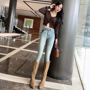 朴淑堂浅蓝色撞色牛仔裤女小脚铅笔裤靴裤弹力加绒九分小个子秋新