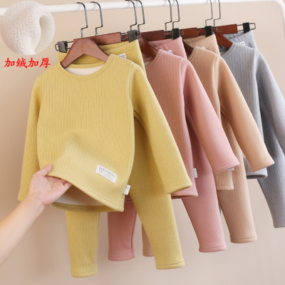 儿童加绒加厚圆领德绒发热衣裤冬款男女童打底衫卫生裤中大童