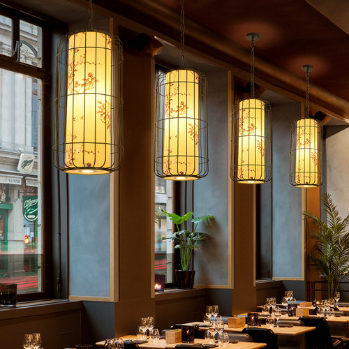 新中式餐厅灯笼吊灯中国风火锅店饭店包间铁艺鸟笼灯带射灯茶室灯