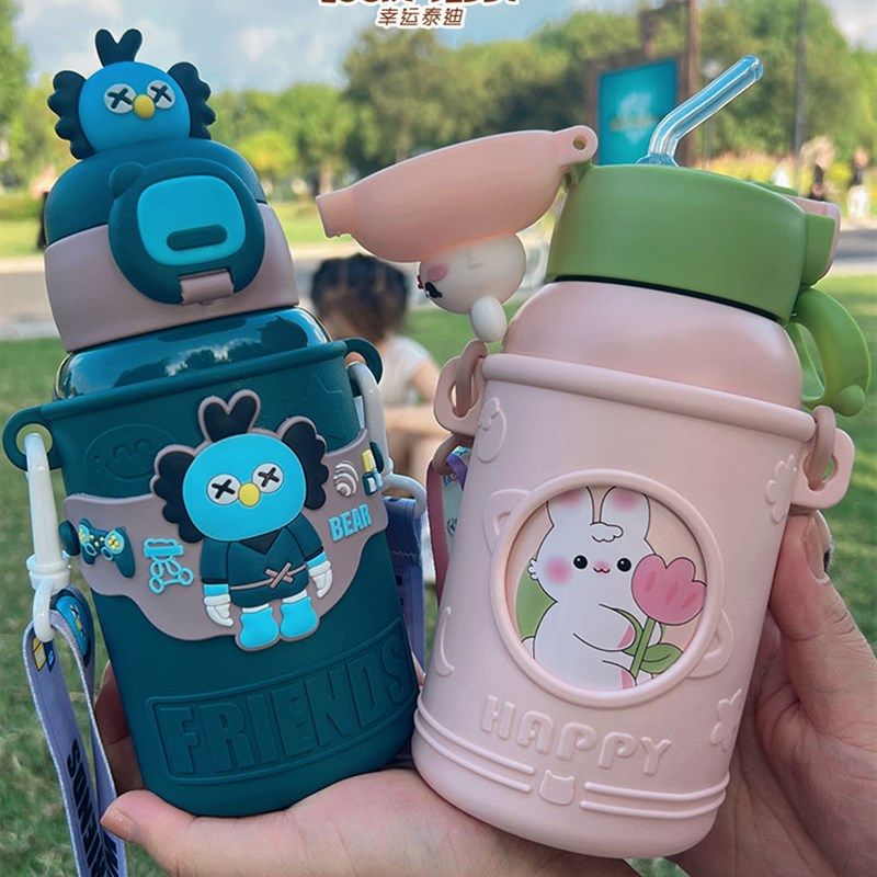 儿童保温杯316不锈钢带杯套男女宝幼儿园防摔卡通挂绳带吸管水杯,婴童用品,婴童保温杯,淘宝优惠券,粉丝福利购,淘宝优惠卷