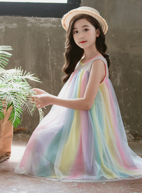 女童连衣裙夏装2020新款儿童裙子洋气彩虹裙沙滩长裙网纱公主长裙