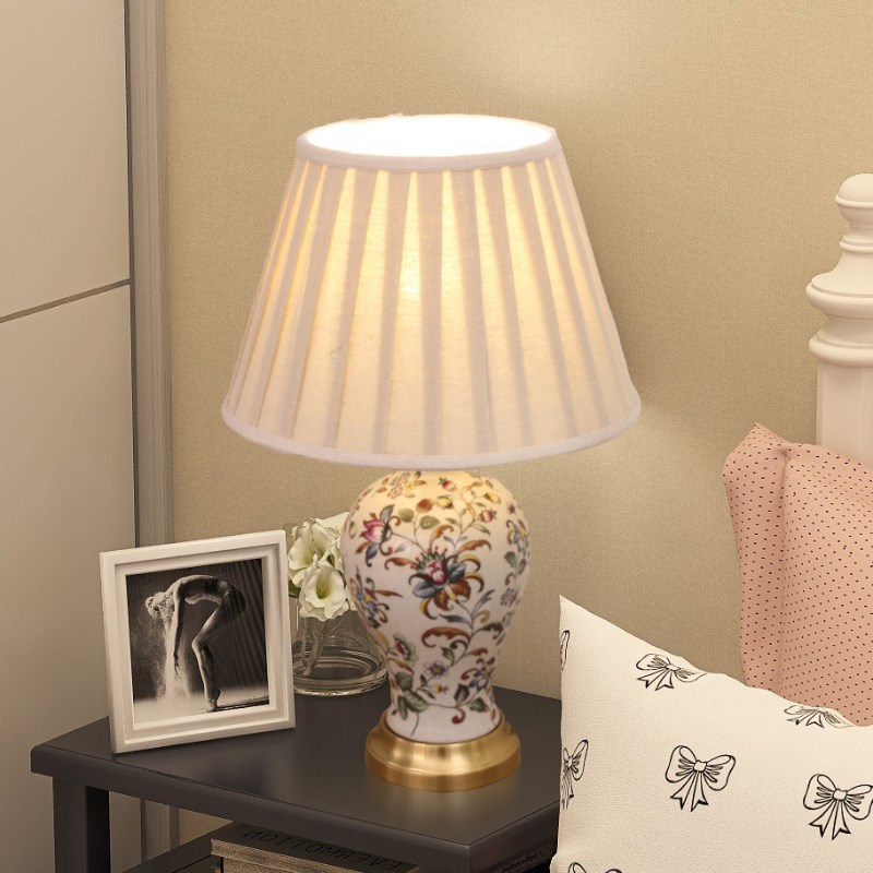 烨上欧式美式乡村台灯床头灯房间床头柜灯铜色布艺温馨调光节能