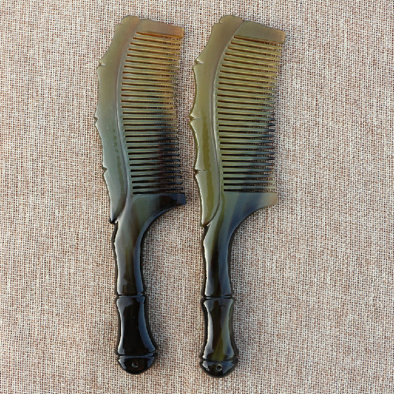 天然老牦牛角黑花牛角梳子密齿雕花梳防静电护发养发长20厘米