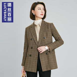 浅咖色格子西装外套女春秋羊毛西服英伦风复古职业气质高端上衣