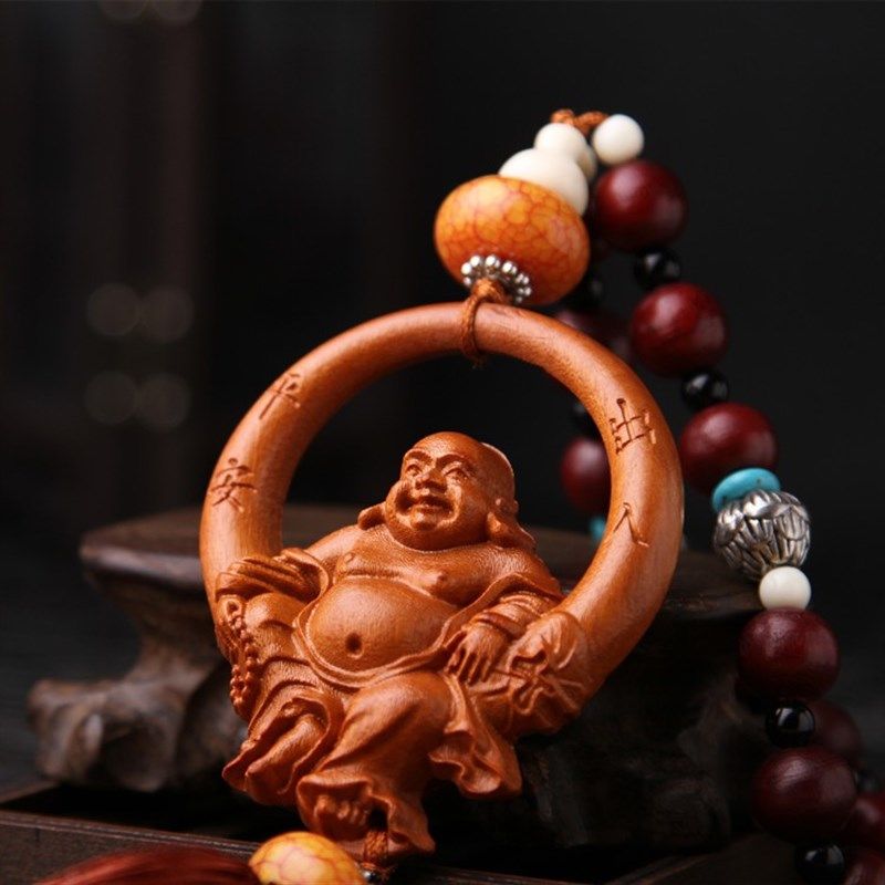 桃木弥勒佛汽车挂件车载后视镜吊坠出入平安男士观音小车高档车里