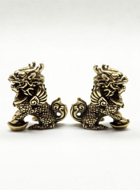 实心黄铜麒麟摆件纯铜仿古招财纳福元宝茶宠办公桌面迷你铜手把件