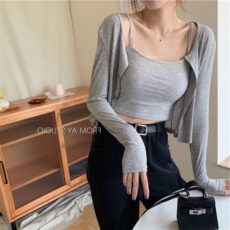 百搭小外套潮时尚套装外搭防晒开衫两件套吊带背心网红短款女红色