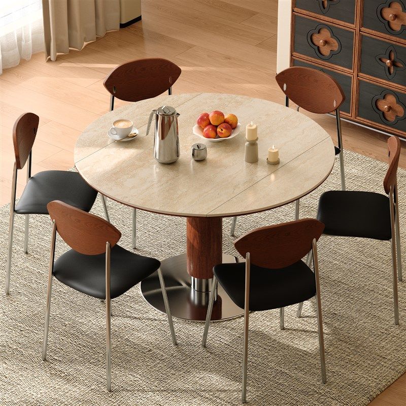 木小咖可伸缩实木岩板餐桌圆形中古客厅家用小户型折叠餐桌椅组合,住宅家具,岩板餐桌,淘宝优惠券,粉丝福利购,淘宝优惠卷