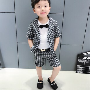 2男童礼服英伦格子小西装3儿童短袖三件套5夏季4岁宝宝7花童套装6