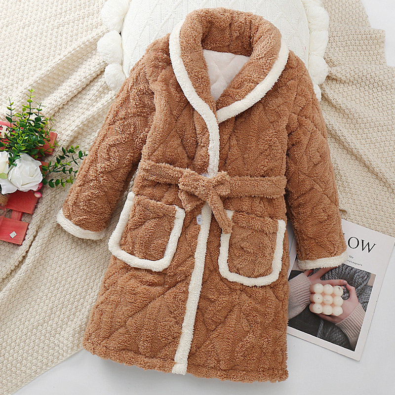 儿童睡袍冬季珊瑚绒男童女童三层夹棉加厚款中大童法兰绒长版浴袍