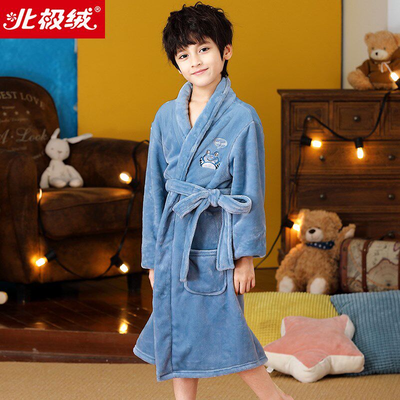 儿童法兰绒睡袍男童秋冬季中大童珊瑚绒浴袍宝宝睡衣男孩子家居服
