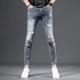 裤 高端破洞九分牛仔裤 子 2023新款 浅蓝色补丁弹力男士 男修身 小脚裤