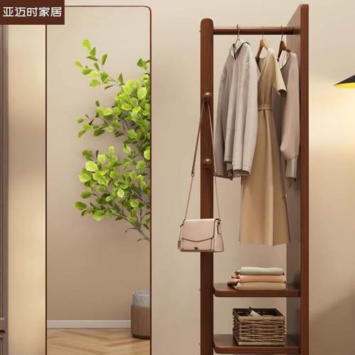 实木全身镜家用落地镜卧室可旋转移动试衣镜子带挂衣架一体穿衣镜