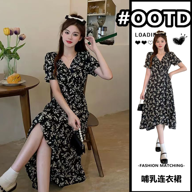 夏季哺乳衣外出辣妈款产后喂奶衣服碎花法式2M023潮妈哺乳连衣裙