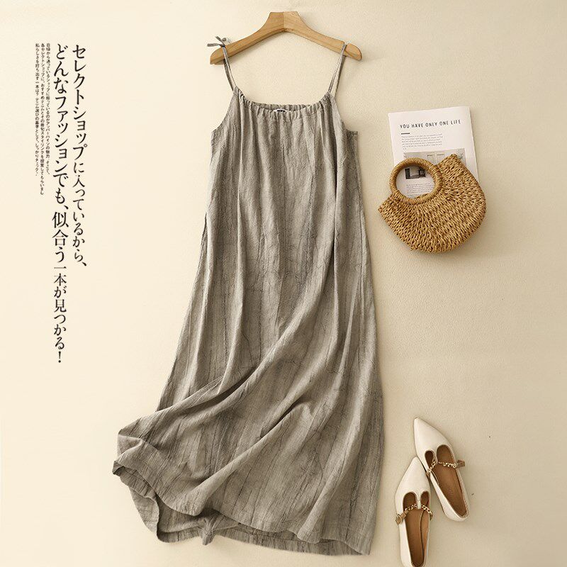 复古肌理感棉麻中长款吊带裙女夏宽松显瘦外穿无袖打底背心连衣裙