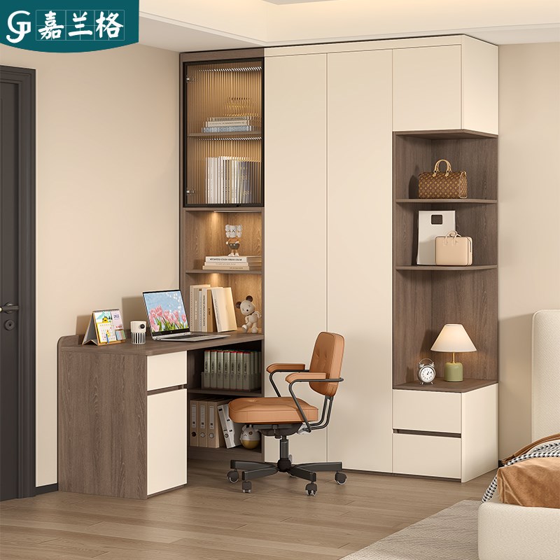 转角书桌书柜床边衣柜带床头柜一体卧室家用收纳储物柜子定制9A71