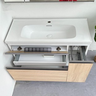 松平替日式原木风平替落地浴室柜陶瓷一体盆悬挂洗漱台洗手盆定制