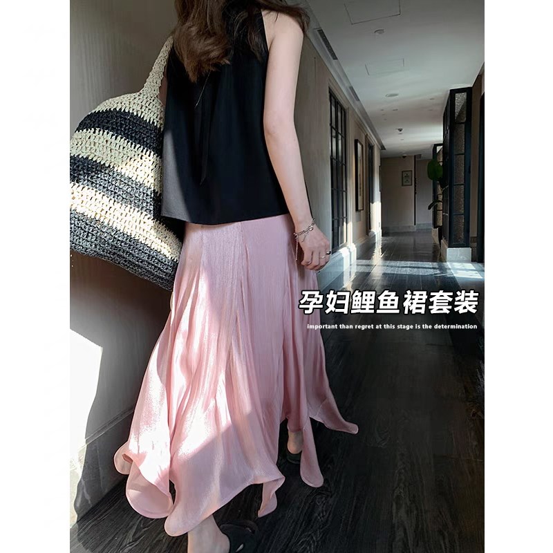 孕妇鱼尾半身裙j两件套春夏秋季薄款雪纺长裙时尚休闲百搭黑色背