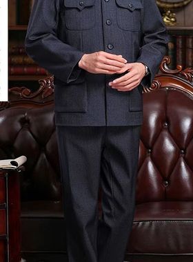 中山装男套装中老年秋冬季宽松爸爸装爷爷装老式长袖Y休闲外套裤