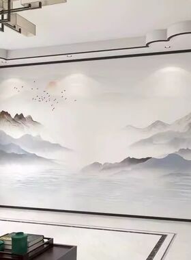 墙纸3d新中式酒店l床头电视背景墙壁布客厅刺绣壁画卧室墙布影视