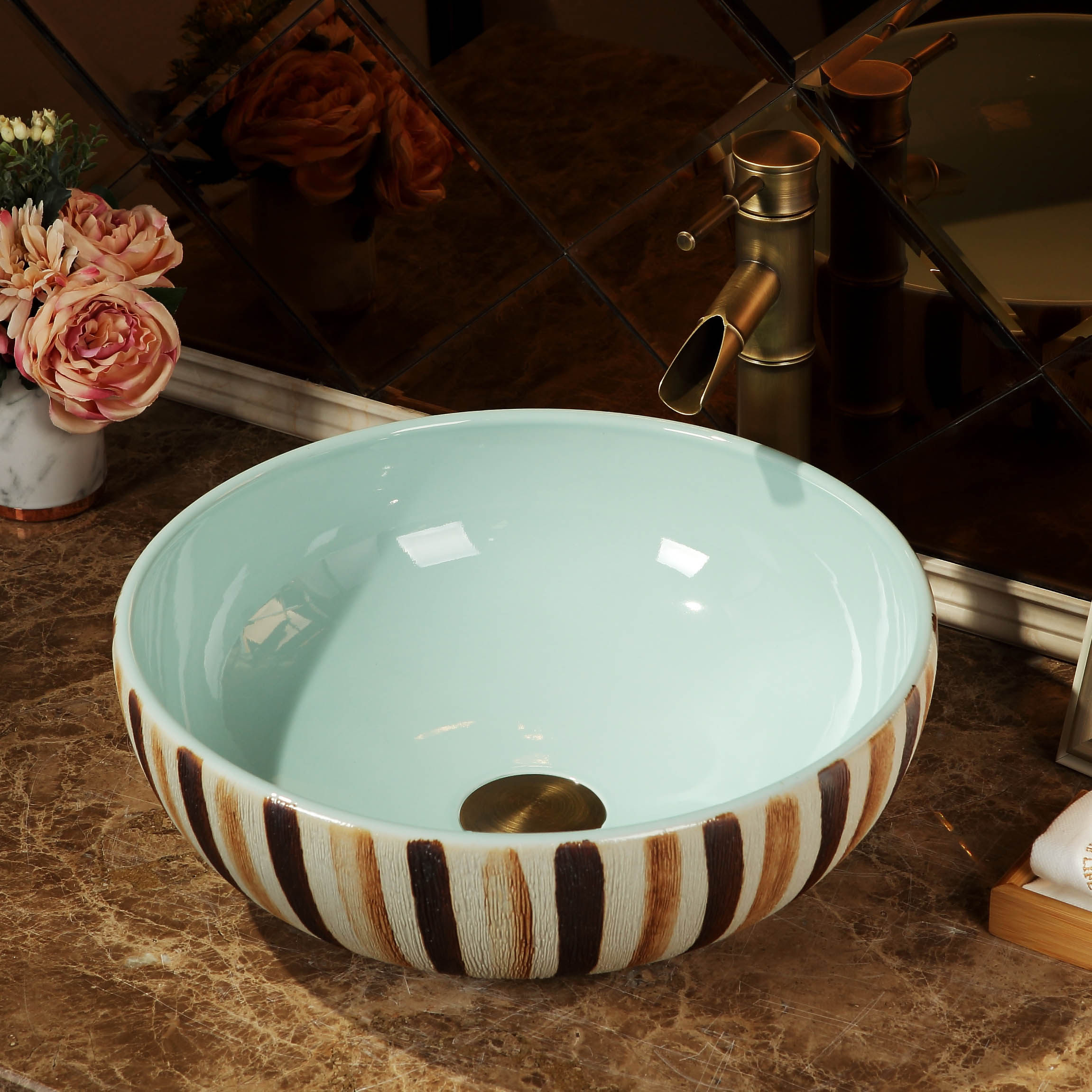 陶瓷台上b盆洗脸盆圆形单盆欧式复古艺术洗手盆家用卫生间洗漱面