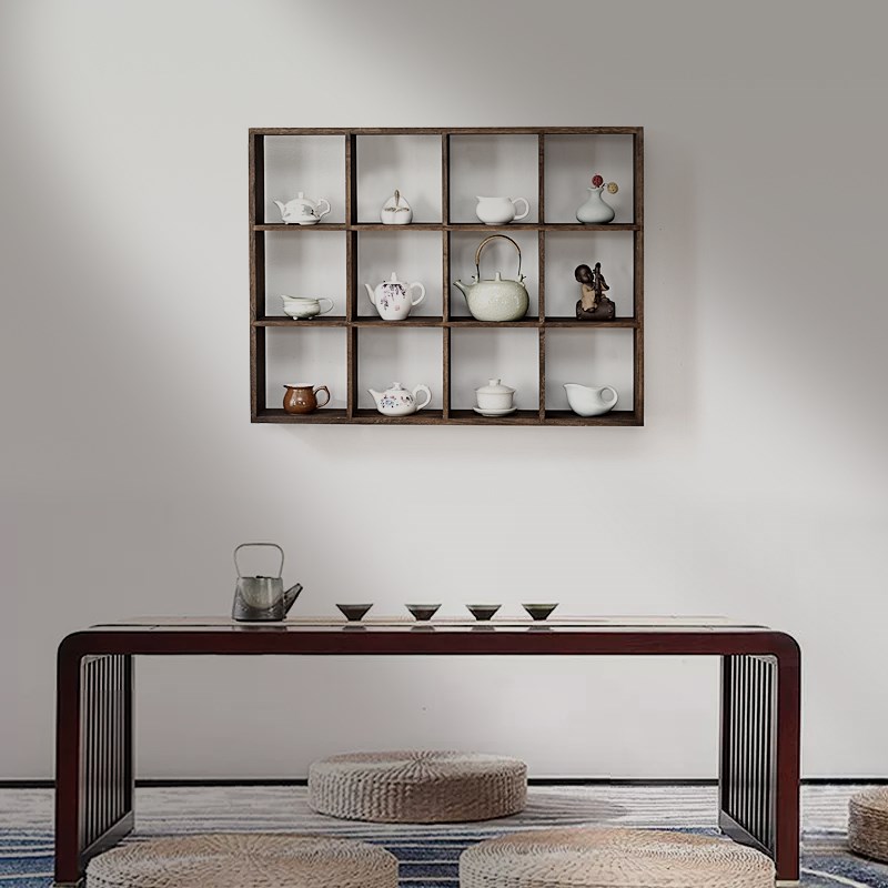 博古架实木中式挂墙多宝阁壁挂式茶杯架茶具收纳架置物架摆架隔断