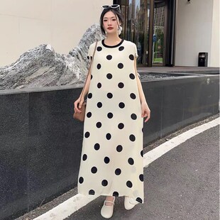 2024夏季绵绸女款新时尚长裙气质宽松连衣裙圆领开叉设计感人造棉