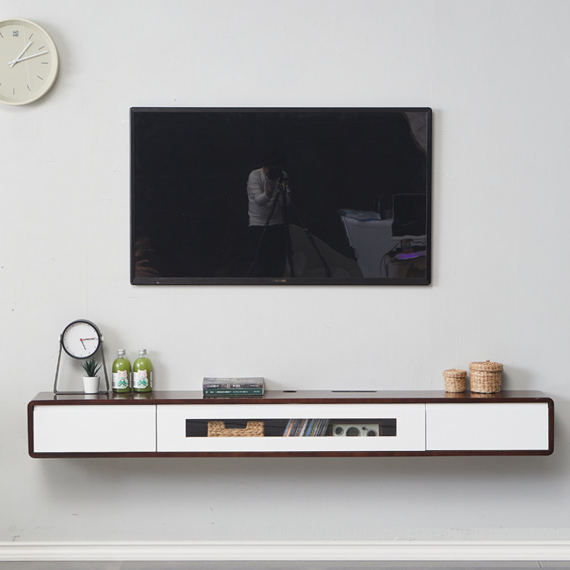 实木悬空电视柜壁挂式悬浮上墙新中式小J户型卧室挂墙窄款超薄弧