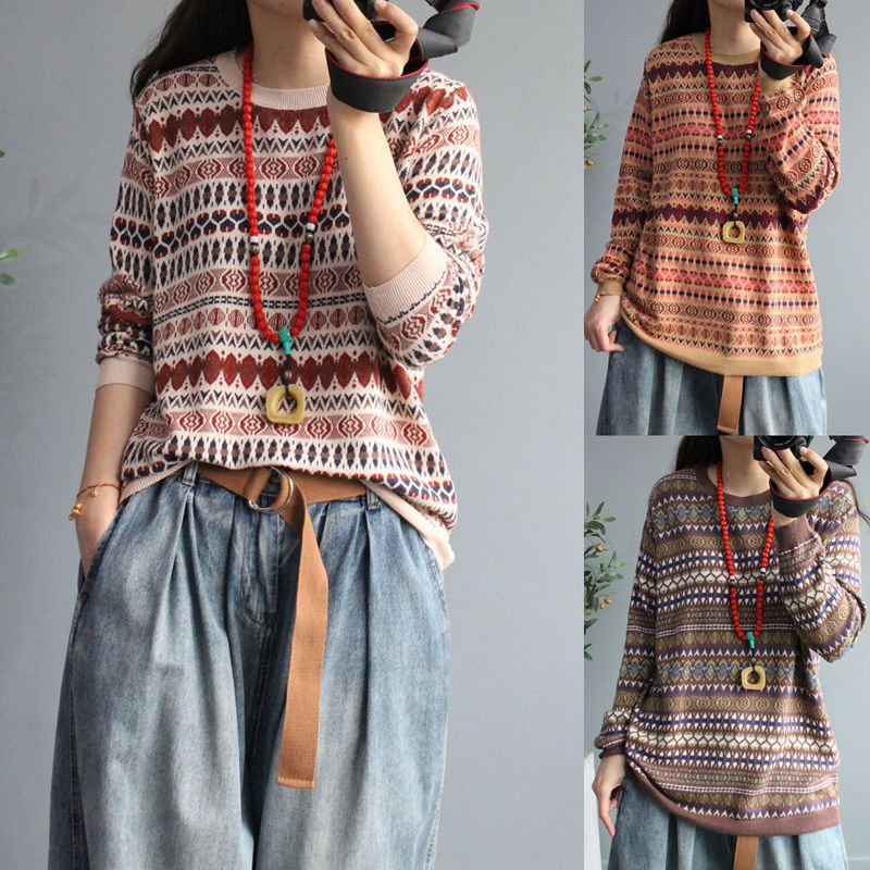 民族风套头长袖针织衫女 s2020秋季新款薄款宽松大码X显瘦百搭上