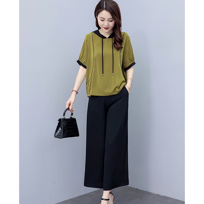 妈妈休闲套装夏天宽松中年微胖z洋气小衫阔M腿裤奶系穿搭轻熟两件