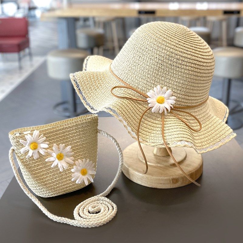儿童遮阳帽子夏季女童大檐草帽出游沙滩防晒女宝渔夫帽包亲子太阳