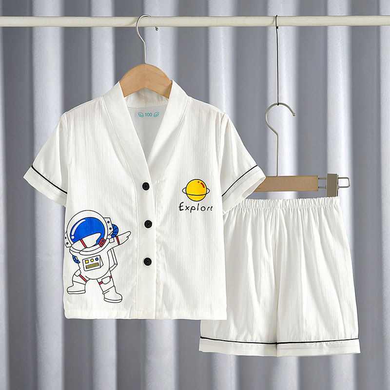 V领儿童睡衣男生短袖短裤套装 夏季小孩子男童装空调服棉纱家居服