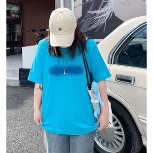 大码女装圆领正肩宽松短袖T恤女胖mm夏季立体印花显瘦百搭上衣