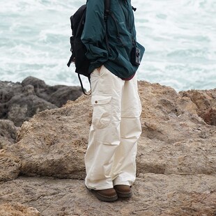 一碗士多 2024春夏圆弧口袋 松紧腰日系纯色打褶工装伞裤男女