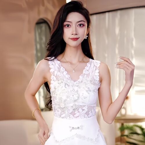 春夏重工刺绣花朵钉珠修身吊带美背女士背心自带胸垫蕾丝内搭上衣