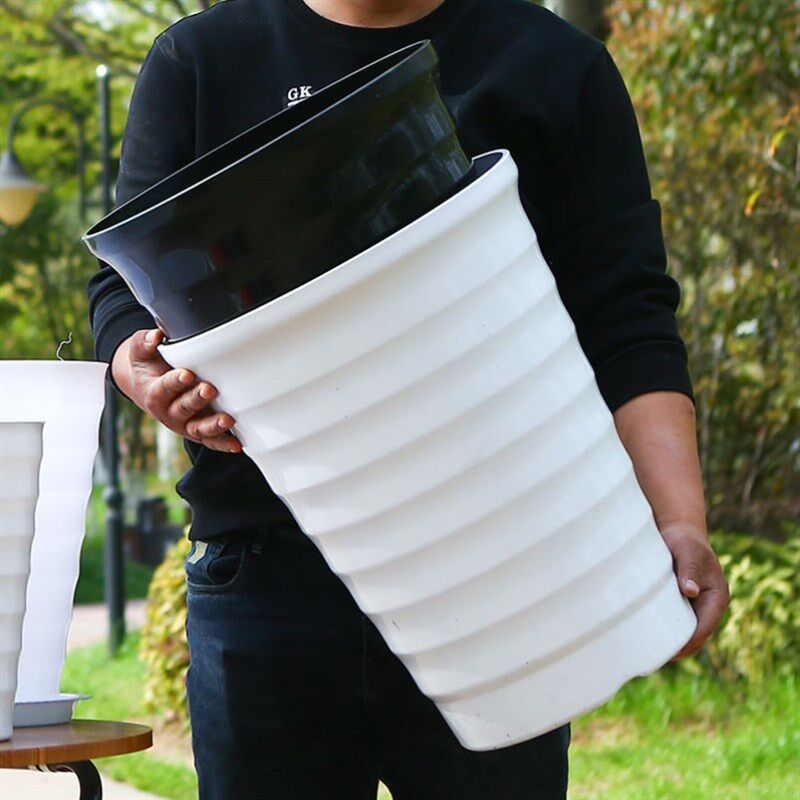 花盆陶瓷特大号30cm以上超大螺纹加厚黑白色仿陶瓷树脂塑料送托