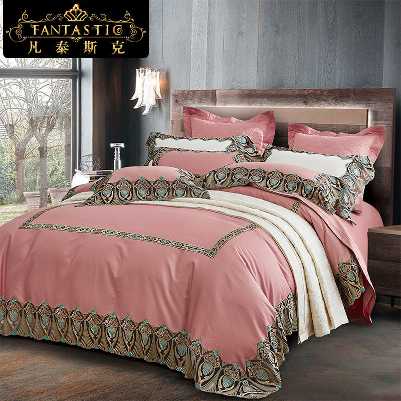 蕾丝四件套高档结婚床上用品粉色 A纯棉套件公主风120支全棉八件