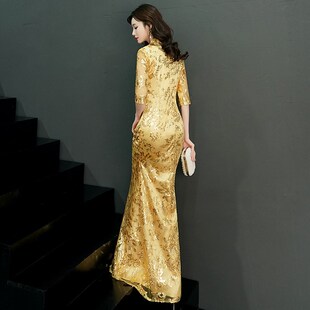 2024新款新款 鱼尾旗袍长款中国风金色走秀演出年会晚礼服长袖性