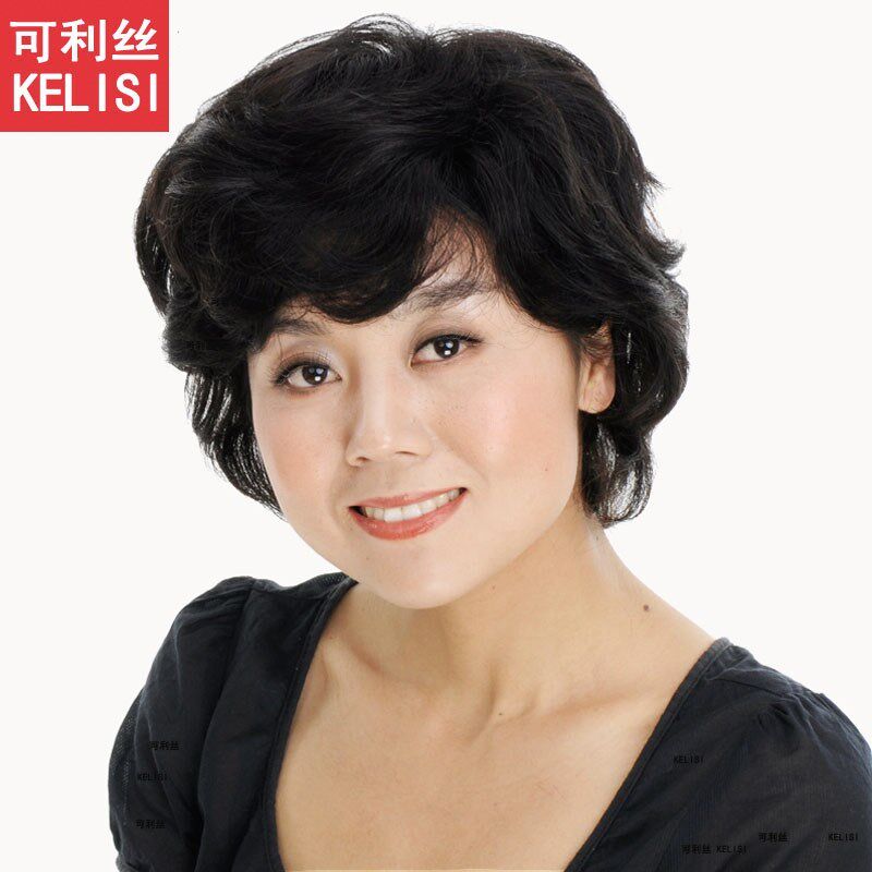 中老年女士假发短发短卷发送妈妈真发圆脸全头套白发光头可戴R06