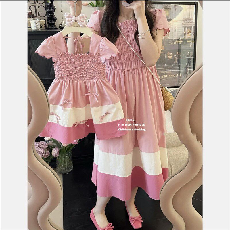 炸街亲子装夏款女童连衣裙拼接蛋糕海边超仙花边长裙纯棉母女装23