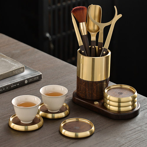 黑檀实木茶杯垫 杯托茶杯架隔热垫碗垫功夫茶具垫茶托组圆形6片装