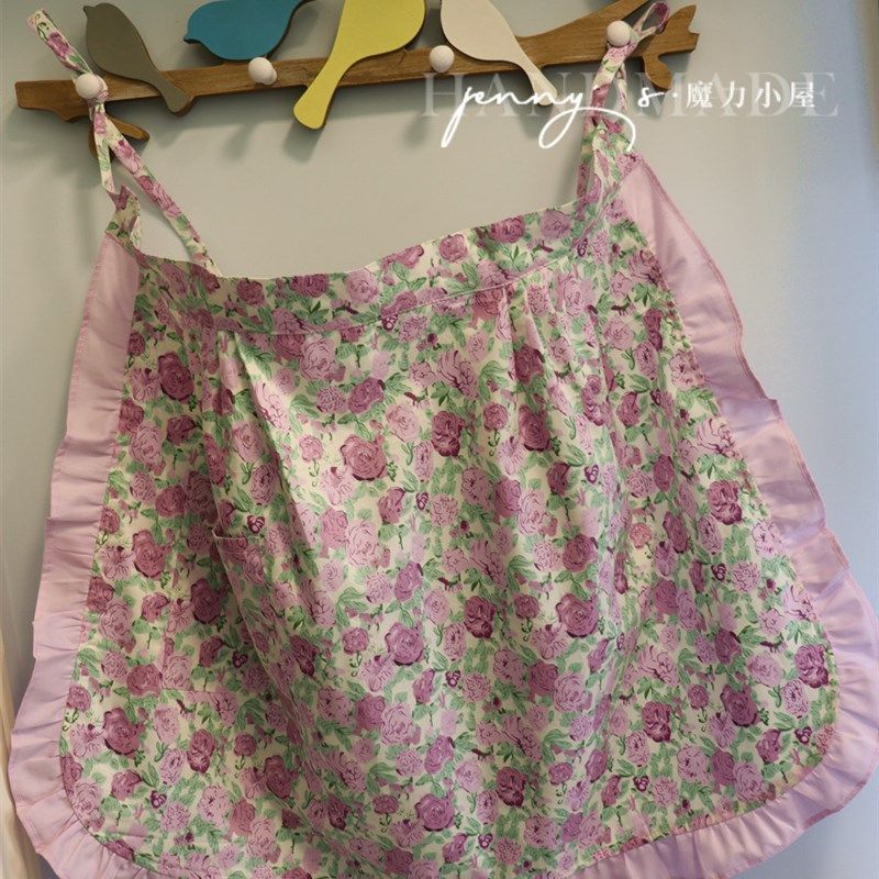 夏日新款襜裳手工围裙紫色玫瑰棉布花边少女心围腰家居工作围兜,家庭/个人清洁工具,围裙,淘宝优惠券,粉丝福利购,淘宝优惠卷