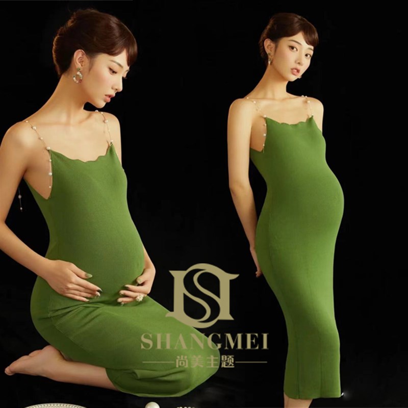 影楼新款孕妈主题摄影女裙孕妇拍照吊带塑身Q有弹力针织写真礼服