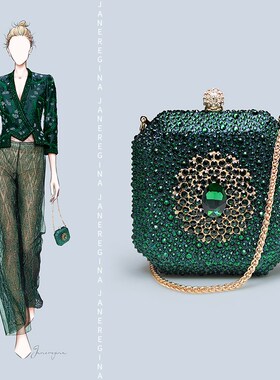 高端晚宴手拿包轻奢礼服搭配的迷你小包包女墨R绿色烫钻斜挎小方