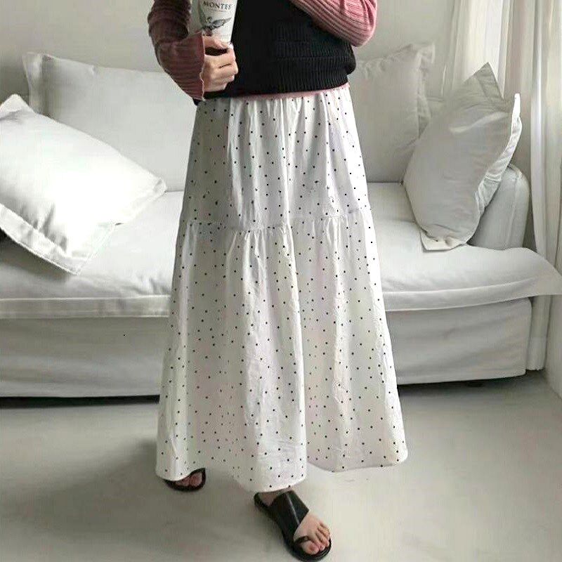 长裙韩版休闲波点高腰百褶裙中长款a字白色半身裙女2025新款夏季