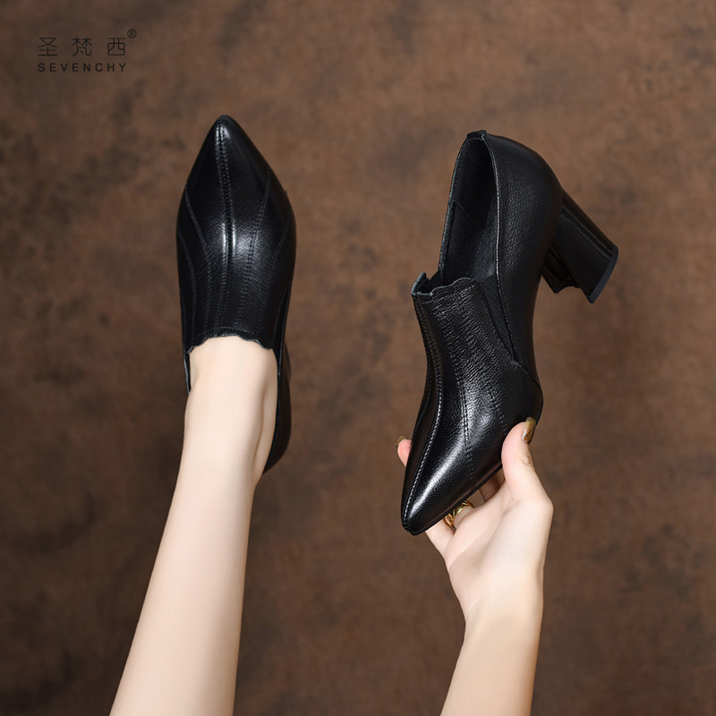 2025新款春款女鞋尖头气质粗跟高跟鞋深口单鞋职业百搭真皮鞋春秋,女鞋,深口单鞋,淘宝优惠券,粉丝福利购,淘宝优惠卷